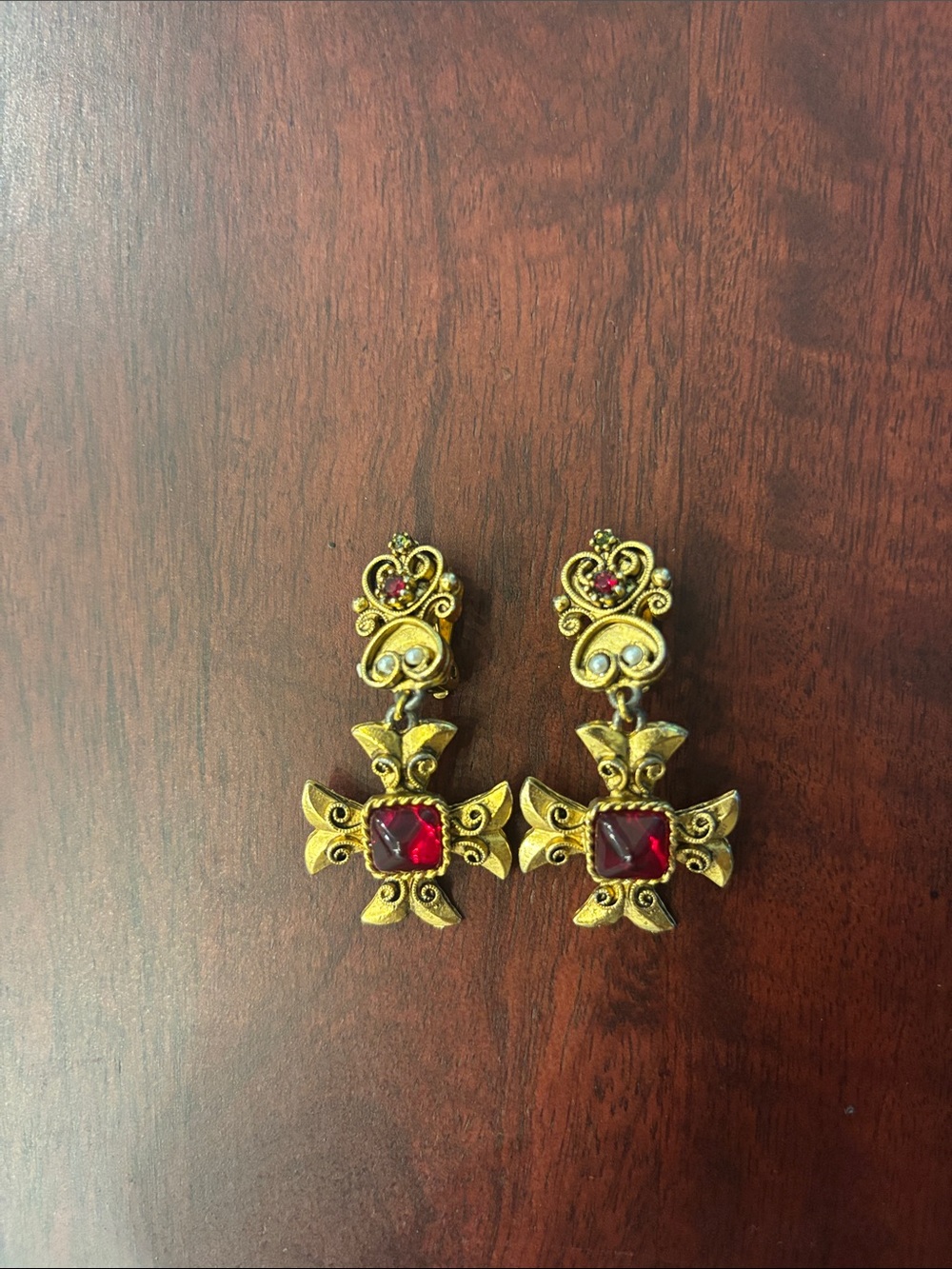 Vintage, 80’s Couture Gerard Yosca Gold-Tone Cross Clip-On Earrings with Red Gem